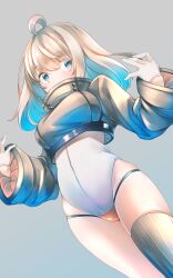 Rule 34 | 1girl, ahoge, blue hair, blush, breasts, brown hair, comah, covered mouth, cropped jacket, dutch angle, gloves, gradient hair, green eyes, grey background, grey jacket, grey thighhighs, groin, hair between eyes, highres, jacket, leotard, long sleeves, looking at viewer, medium breasts, multicolored hair, original, simple background, single thighhigh, sleeves past wrists, solo, striped clothes, striped thighhighs, thighhighs, vertical-striped clothes, vertical-striped thighhighs, white gloves, white leotard, wide sleeves