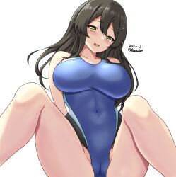 Rule 34 | 1girl, alternate breast size, alternate costume, black hair, black one-piece swimsuit, blue one-piece swimsuit, blush, breasts, cameltoe, cleft of venus, competition swimsuit, covered navel, dated, green eyes, hair between eyes, hair ornament, hairclip, highleg, highleg swimsuit, highres, impossible clothes, impossible swimsuit, kantai collection, large breasts, long hair, looking at viewer, montemasa, multicolored clothes, multicolored swimsuit, one-hour drawing challenge, one-piece swimsuit, open mouth, oyashio (kancolle), simple background, smile, solo, swimsuit, twitter username, two-tone swimsuit, white background