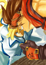Rule 34 | 2boys, arc system works, blonde hair, blue eyes, brown hair, clenched hand, faux traditional media, fingerless gloves, forehead protector, gloves, grin, guilty gear, guilty gear xrd, hair ribbon, headband, highres, ky kiske, long hair, multiple boys, muscular, no n@me, ponytail, ribbon, smile, sol badguy, spiked hair, sword, weapon