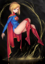 Rule 34 | 1girl, black background, blonde hair, blue eyes, boots, breasts, cape, covered navel, dc comics, eyebrows, female focus, floating, from side, full body, gradient background, highres, kryptonian, large breasts, leotard, long sleeves, plantar flexion, red cape, red footwear, solo, supergirl, superman (series), tsuki suigetsu