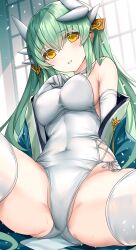 Rule 34 | 1girl, alternate costume, bare shoulders, blush, breasts, commentary request, covered navel, dragon girl, dragon horns, elbow gloves, fate/grand order, fate (series), gloves, green hair, highleg, highres, horns, kiyohime (fate), large breasts, leotard, long hair, looking at viewer, morizono shiki, parted lips, smile, solo, thighhighs, thighs, white gloves, white leotard, white thighhighs, yellow eyes