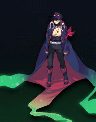 Rule 34 | 00s, 1boy, akutsu (yuumi), armband, arms at sides, belt, black footwear, black pants, blue coat, blue hair, boots, closed mouth, coat, collar, collarbone, drill, closed eyes, full body, glowing, goggles, goggles on head, jewelry, knee boots, long coat, long sleeves, male focus, necklace, open clothes, open coat, pants, simon (ttgl), sky, sleeves past wrists, smile, solo, space, standing, star (sky), starry sky, tengen toppa gurren lagann