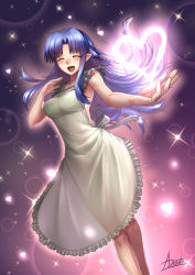 Rule 34 | 1girl, :d, adsouto, apron, artist name, blue hair, breasts, closed eyes, facing viewer, fate/stay night, fate (series), floating hair, frilled apron, frills, hair intakes, heart, highres, long hair, medea (fate), medium breasts, naked apron, open mouth, outstretched arm, pointy ears, smile, solo, sparkle, standing, very long hair, white apron