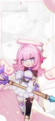 Rule 34 | 1girl, asymmetrical legwear, black thighhighs, breasts, elf elysia, english text, gloves, halo, highres, holding, holding staff, honkai (series), honkai impact 3rd, looking at viewer, medium hair, official art, official wallpaper, open mouth, pink hair, small breasts, smile, solo, staff, teeth, thighhighs, upper teeth only, white gloves, white thighhighs, wings