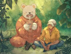 Rule 34 | &gt; &lt;, 2boys, bear, bepo, chest tattoo, commentary request, crossed legs, denim, facial hair, forest, full body, goatee, hand tattoo, hat, highres, jeans, jumpsuit, looking at another, male focus, multiple boys, nature, one piece, orange jumpsuit, pants, potechi norisio, sharp teeth, shirt, short hair, sweatdrop, sword, tattoo, teeth, trafalgar law, twitter username, weapon, yellow shirt