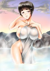 Rule 34 | 10s, 1girl, blush, breasts, covering breasts, covering privates, eyebrows, hair ornament, hairclip, highres, huge breasts, kantai collection, kogawawaki, myoukou (kancolle), naked towel, nude cover, onsen, solo, standing, thick eyebrows, towel