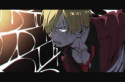 Rule 34 | 1boy, bad id, bad twitter id, blonde hair, blue eyes, facial hair, formal, hair over one eye, letterboxed, male focus, one piece, open mouth, sanji (one piece), silk, solo, spider web, struggling, suit, taro (honyarara00)