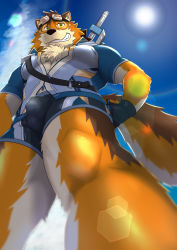 Rule 34 | 1boy, absurdres, animal ears, bara, barrel (cool gunfighter) (live a hero), barrel (live a hero), beige fur, brown fur, bulge, chest hair, dog boy, dog ears, dog tail, dotsu (wtnbkwiyd), feet out of frame, furry, furry male, goggles, goggles on head, grey male swimwear, grin, highres, large tail, live a hero, looking at viewer, male focus, male swimwear, muscular, muscular male, official alternate costume, orange fur, partially unbuttoned, pectorals, perspective, short hair, smile, solo, sunlight, swim briefs, tail, thick thighs, thighs