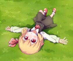 Rule 34 | 1girl, ascot, black skirt, black vest, blonde hair, closed mouth, commentary, full body, grass, hair ribbon, highres, long sleeves, looking at viewer, lying, on back, outdoors, outstretched arms, red ascot, red eyes, red footwear, red ribbon, ribbon, rumia, shirt, short hair, skirt, socks, solo, teeramet, touhou, vest, white shirt, white socks
