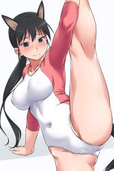 Rule 34 | 1girl, animal ears, arm support, arm up, athletic leotard, black hair, blue eyes, blush, breasts, cameltoe, covered navel, crotch, embarrassed, flexible, groin, gymnastics, kitagou fumika, kneepits, large breasts, leg lift, leg up, leotard, long hair, looking down, nose blush, ponytail, purple eyes, raised eyebrows, red leotard, simple background, solo, spread legs, strike witches, strike witches zero, tail, thighs, white background, white leotard, world witches series, youkan
