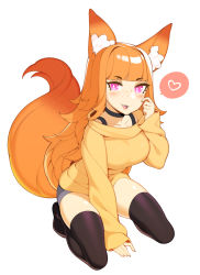 Rule 34 | 1girl, :3, animal ear fluff, animal ears, black choker, black thighhighs, breasts, bright pupils, choker, commentary, commission, english commentary, fox ears, fox tail, freckles, grey shorts, halphelt, heart, highres, kneeling, large breasts, long hair, long sleeves, looking at viewer, orange hair, original, pink eyes, short shorts, shorts, simple background, sleeves past wrists, smile, solo, spoken heart, sweater, tail, thighhighs, white background, white pupils, yellow sweater