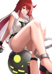 Rule 34 | 1girl, ball and chain restraint, belt, blush, breasts, chain, cleavage, commentary request, gloves, green eyes, guilty gear, guilty gear strive, hand up, highres, jack-o&#039; valentine, long hair, looking at viewer, medium breasts, multicolored hair, one eye closed, red hair, shirt, shoes, shorts, simple background, smile, solo, t-shirt, thighs, tongue, tongue out, two-tone hair, usk (yu sk usk39), white background, white hair