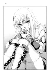 Rule 34 | 1girl, boots, closed mouth, densetsu no yuusha no densetsu, detached sleeves, ferris eris, fingerless gloves, gloves, greyscale, hair between eyes, highres, knee boots, long hair, long sleeves, monochrome, novel illustration, official art, page number, scan, short shorts, shorts, sitting, solo, thighhighs, toyota saori, zettai ryouiki