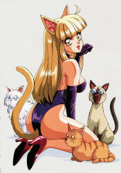 Rule 34 | 1girl, animal ears, barefoot, bell, blonde hair, blunt bangs, cat ears, cat tail, collar, elbow gloves, fang, gloves, high heels, highres, kittysuit, leotard, long hair, looking at viewer, mon mon, neck bell, nontraditional playboy bunny, paw pose, pumps, red footwear, scan, simple background, solo, tail, white background, yellow eyes