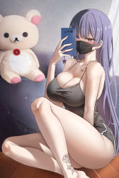 Rule 34 | 1girl, absurdres, arm up, bare shoulders, biya (1024), blunt bangs, breasts, cellphone, chair, cleavage, collarbone, curtains, grey shorts, grey tank top, highres, holding, holding phone, indoors, large breasts, long hair, looking at viewer, mask, mouth mask, phone, purple eyes, purple hair, selfie, shorts, sitting, smartphone, solo, stuffed animal, stuffed toy, tank top, tattoo, teddy bear, thighs, yuna (biya (1024))