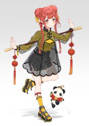 Rule 34 | 1girl, absurdres, black footwear, black skirt, bow, braid, capelet, chinese clothes, closed mouth, double bun, full body, hair bow, hair bun, hair over shoulder, highres, holding, holding staff, kneehighs, leg up, light blush, long sleeves, looking at viewer, original, outstretched arms, panda, red hair, ribbed sweater, sandals, see-through, see-through shirt, skirt, smile, socks, solo, staff, strap, sweater, twin braids, usamochi., yellow bow, yellow eyes, yellow socks, yellow sweater