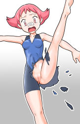 Rule 34 | 1girl, antiair, bandaid, bandaid on face, bandaid on nose, barefoot, breasts, creatures (company), feet, female focus, flipped hair, game freak, gradient background, grey background, gym leader, high kick, highres, kicking, leg lift, maylene (pokemon), nintendo, open mouth, pink eyes, pink hair, pokemon, pokemon dppt, pussy, short hair, small breasts, soles, solo, standing, surprised, torn clothes, uncensored, unitard, white background