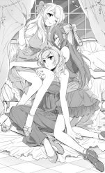 Rule 34 | 10s, 3girls, ayase eli, bow, closed eyes, curtain grab, curtains, dress, greyscale, hair bow, half updo, hand on another&#039;s thigh, high heels, karuha, kneeling, long hair, looking at viewer, love live!, love live! school idol project, monochrome, multiple girls, nishikino maki, one eye closed, pillow, sitting, soldier game, sonoda umi, swept bangs, tiara, window