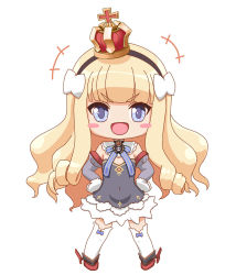 Rule 34 | &gt;:d, 1girl, :d, azur lane, bad id, bad pixiv id, blonde hair, blue eyes, blush stickers, chibi, commentary request, crown, elbow gloves, gloves, hairband, hands on own hips, hydrock, looking at viewer, mini crown, open mouth, queen elizabeth (azur lane), simple background, smile, solo, thighhighs, v-shaped eyebrows, zettai ryouiki