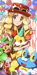 Rule 34 | 1girl, bare arms, blonde hair, blush, bow, chespin, closed mouth, clothed pokemon, commentary request, confetti, creatures (company), eyelashes, eyewear on headwear, fennekin, froakie, game freak, gen 6 pokemon, green headwear, grey eyes, hat, highres, holding, holding pokemon, long hair, nintendo, pink bow, pokemon, pokemon (creature), pokemon xy, polka dot headwear, red headwear, serena (pokemon), sheyona, smile, sunglasses, white-framed eyewear, yellow bow