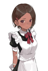 Rule 34 | 1girl, absurdres, apron, arms behind back, bandaid, bandaid on arm, black dress, brown eyes, brown hair, closed mouth, commentary request, dark skin, dark-skinned female, dress, female focus, frilled apron, frills, hair ornament, hairclip, highres, looking at viewer, minamito, original, puffy short sleeves, puffy sleeves, red ribbon, ribbon, short hair, short sleeves, simple background, solo, white apron, white background