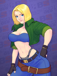 Rule 34 | belt, blonde hair, blue eyes, blue mary, breasts, crop top, cropped jacket, denim, fingerless gloves, gloves, green jacket, hand on own hip, highres, jacket, jeans, jiggeh, large breasts, lips, lipstick, makeup, midriff, navel, pants, short hair, smile, strapless, tube top