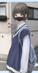 Rule 34 | absurdres, backpack, bag, blouse, blue vest, blurry, blurry background, collared shirt, derivative work, highres, looking at viewer, mask, original, realistic, school uniform, shirt, solo, ttusee5, vest, white shirt