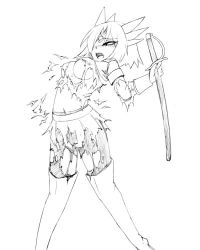 Rule 34 | 1girl, alternate costume, bike shorts, breasts, camel (dansen), female focus, lowres, milia, milia wars, monochrome, navel, open mouth, sailor, shorts, shorts under skirt, solo, sword, torn clothes, weapon