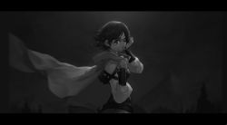Rule 34 | 1girl, cape, cowboy shot, crying, dishwasher1910, greyscale, highres, letterboxed, monochrome, one eye closed, ruby rose, rwby, short hair, solo