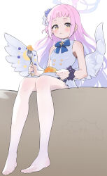 Rule 34 | 1girl, angel wings, blue archive, blue ribbon, blush, breasts, cake, dress, feathered wings, food, food on face, fork, halo, highres, holding, holding fork, long hair, looking at viewer, mika (blue archive), namaonpa, neck ribbon, no shoes, pantyhose, pink hair, ribbon, sitting, sleeveless, sleeveless dress, small breasts, solo, straight hair, swiss roll, toes, underwear, very long hair, white dress, white pantyhose, white wings, wings