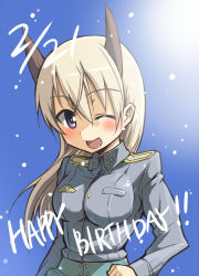 Rule 34 | 00s, 1girl, animal ears, birthday, blue eyes, blush, breasts, eila ilmatar juutilainen, english text, happy birthday, impossible clothes, impossible shirt, kuropan (crow panther), kurou (artist), long hair, medium breasts, military, military uniform, one eye closed, open mouth, shirt, silver hair, smile, snow, solo, strike witches, uniform, wink, world witches series