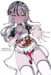 Rule 34 | 1girl, apron, black hair, black hat, black shirt, candy, chocolate, chocolate heart, closed mouth, commentary request, food, frilled apron, frills, grey hair, half-closed eyes, hat, heart, highres, liclac, looking at viewer, lying, maid, mob cap, multicolored hair, on back, original, outstretched arm, panties, paper plate, pink scrunchie, plate, red panties, scrunchie, shirt, short sleeves, simple background, skindentation, smile, solo, streaked hair, thighhighs, underwear, white apron, white background, white thighhighs, wrist scrunchie