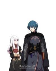 Rule 34 | 1boy, 1girl, :o, armor, artist name, black gloves, blue eyes, blue hair, book, hugging book, byleth (fire emblem), byleth (male) (fire emblem), coat, dagger, dannex009, fire emblem, fire emblem: three houses, garreg mach monastery uniform, gloves, highres, holding, holding book, knife, long hair, long sleeves, looking at another, lysithea von ordelia, nintendo, hugging object, pink eyes, simple background, smile, transparent background, uniform, watermark, weapon, white background, white hair