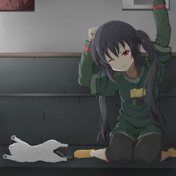 Rule 34 | 00s, 1girl, bad id, bad pixiv id, black hair, cat, couch, fang, highres, k-on!, kneeling, long hair, maazyu, nakano azusa, red eyes, socks, solo, stretching, tears, twintails