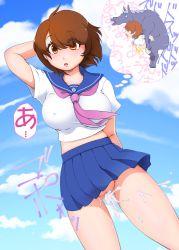 Rule 34 | 1girl, ^^^, after vaginal, aftersex, animal, aniya marumi, arm up, bad id, bad pixiv id, bestiality, blue skirt, blue sky, breasts, brown eyes, brown hair, chibi, closed eyes, clothed sex, cloud, covered erect nipples, cum, cum in pussy, cumdrip, day, dutch angle, eyes visible through hair, faxbunny, horse, large breasts, looking at viewer, no panties, no pupils, open mouth, original, outdoors, pleated skirt, pussy, school uniform, serafuku, sex, short hair, skirt, sky, solo, solo focus, stomach bulge, text focus, thought bubble, tongue, tongue out, translation request, uncensored, upskirt, vaginal, wet, wind, wind lift