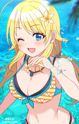 Rule 34 | 1girl, ;d, ahoge, artist name, bare shoulders, bikini, blonde hair, blue eyes, blurry, blurry foreground, blush, bow, breasts, cleavage, collarbone, dot nose, flower, front-tie bikini top, front-tie top, hachimiya meguru, hair bow, hair flower, hair ornament, hand up, idolmaster, idolmaster shiny colors, jewelry, large breasts, long hair, looking at viewer, low twintails, midriff, navel, necklace, one eye closed, open mouth, smile, solo, soramame tomu, splashing, swimsuit, tree, twintails, twitter username, two-tone bikini, upper body, water