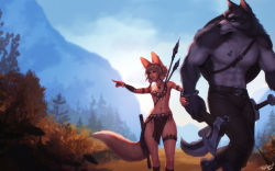 Rule 34 | 1boy, 1girl, abs, animal ears, armlet, artist name, axe, backlighting, belt, blue eyes, body fur, braid, couple, day, earrings, einar (personal ami), fantasy, flat chest, flintstone, forest, fox ears, fox tail, furry, furry male, furry with non-furry, gluteal fold, grey fur, height difference, hetero, highres, holding, holding axe, interspecies, jewelry, khiara (personal ami), light brown hair, long tail, mountain, muscular, muscular male, nature, necklace, orange eyes, original, outdoors, pelvic curtain, pendant, personal ami, petite, pointing, pointing forward, polearm, sheath, sheathed, shield, short hair, snout, spear, sword, tail, thick thighs, thighs, tooth necklace, topless male, tribal, vambraces, walking, weapon, weapon on back, werewolf, wide hips, wolf ears, wooden shield