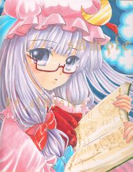 Rule 34 | 1girl, absurdres, at classics, bespectacled, book, bow, cameo, crescent, drawing, female focus, glasses, hair bow, hat, highres, izayoi sakuya, magic circle, marker (medium), nib pen (medium), patchouli knowledge, purple hair, sample watermark, solo, touhou, traditional media, upper body, watermark