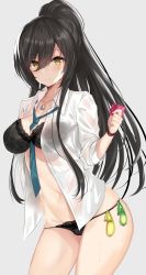 Rule 34 | 1girl, between breasts, black bra, black hair, black panties, blush, bra, breasts, cleavage, closed mouth, collarbone, collared shirt, condom, condom belt, condom in clothes, condom wrapper, cowboy shot, dog tags, dress shirt, ero waifu, floral print, green necktie, grey background, groin, hair between eyes, high ponytail, holding, holding condom, idolmaster, idolmaster shiny colors, lace, lace-trimmed bra, lace-trimmed panties, lace trim, large breasts, long hair, long sleeves, looking at viewer, loose necktie, multiple condoms, navel, necktie, necktie between breasts, open clothes, open shirt, panties, ponytail, print bra, print panties, see-through, shirase sakuya, shirt, sidelocks, sleeves rolled up, smile, solo, standing, stomach, sweat, swept bangs, underwear, used condom, white shirt, wing collar, wristband, yellow eyes
