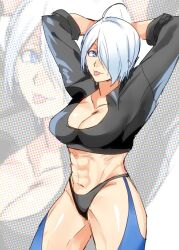 Rule 34 | 1girl, angel (kof), arms behind head, backless pants, blue eyes, bra, breasts, chaps, cleavage, crop top, cropped jacket, fingerless gloves, fuchina, gloves, hair over one eye, jacket, large breasts, leather, leather jacket, midriff, naughty face, navel, panties, pants, short hair, smile, snk, solo, strapless, strapless bra, the king of fighters, the king of fighters xiv, toned, tongue, tongue out, underwear, white hair