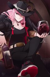 Rule 34 | 1girl, alcohol, belt buckle, bottle, buckle, cowboy hat, cup, drinking glass, hat, highres, holding, hololive, hololive english, jewelry, long hair, mori calliope, mx. moz, necklace, pink eyes, pink hair, skull, smile, solo, spikes, virtual youtuber, wine, wine bottle, wine glass