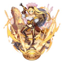Rule 34 | 1girl, aviator sunglasses, axe, blonde hair, blue eyes, burning, dragalia lost, eyewear on head, fire, fire, forge, full body, goggles, greatsword, hand on own hip, holding, lance, looking at viewer, non-web source, official art, polearm, ramona (dragalia lost), saitou naoki, smile, solo, sunglasses, sword, transparent background, weapon, wood