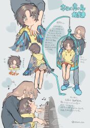 Rule 34 | 1boy, 1girl, bird tail, birdcage, blush, brown eyes, brown hair, cage, commentary request, feathered wings, harpy, highres, hood, hoodie, long hair, monster girl, multiple views, ocean siro, original, parted bangs, red shorts, sharp teeth, short hair, shorts, slippers, swing, tail, teeth, translation request, winged arms, wings, yellow hoodie