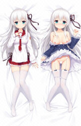 Rule 34 | 1girl, apron, bed sheet, blue eyes, blue shirt, blue skirt, blush, breasts, closed mouth, collarbone, commentary request, dakimakura (medium), diagonal stripes, frilled apron, frills, garter straps, grey hair, hand up, heijialan, knees together feet apart, long hair, long sleeves, medium breasts, multiple views, necktie, nipples, no shoes, nose blush, off shoulder, original, panties, panty pull, parted lips, pleated skirt, puffy long sleeves, puffy sleeves, red necktie, red sailor collar, red skirt, sailor collar, shirt, skirt, sleeves past wrists, striped, striped background, thighhighs, underwear, very long hair, waist apron, white apron, white panties, white shirt, white thighhighs