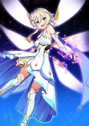 Rule 34 | 1girl, :d, absurdres, arm guards, breasts, brown eyes, cleavage, commentary request, constellation, detached sleeves, detached wings, dress, genshin impact, hair between eyes, highres, holding, holding sword, holding weapon, light brown hair, looking at viewer, lumine (genshin impact), night, night sky, open mouth, overlord (overlord80000), scarf, short hair, short hair with long locks, sidelocks, sky, smile, solo, star (sky), starry sky, sword, thighhighs, weapon, white dress, white scarf, white thighhighs, wings, zettai ryouiki