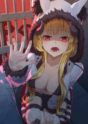 Rule 34 | animal hood, arm up, bars, blonde hair, breasts, from above, fur trim, highres, hololive, hood, horns, icewind0223, indoors, large breasts, long hair, looking at viewer, open mouth, red eyes, shaded face, silhouette, sitting, solo, striped clothes, striped thighhighs, teeth, thighhighs, toy, tsunomaki watame, virtual youtuber