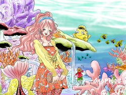 Rule 34 | 1boy, 1girl, :d, akubi to ribbon, bag, blouse, blush stickers, breasts, cleavage, closed eyes, copyright name, coral reef, dress, earrings, fish, fishman island, giant, giantess, hairband, handbag, hat, innertube, jewelry, long hair, mermaid, monkey d. luffy, monster girl, one piece, open mouth, pink hair, shirahoshi, shirt, short dress, smile, straw hat, swim ring, tail, underwater, water