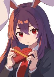 Rule 34 | 1girl, :t, animal ears, blazer, box, closed mouth, collared shirt, commentary request, gift, heart-shaped box, highres, holding, holding gift, jacket, kv-san, long hair, long sleeves, necktie, purple hair, rabbit ears, rabbit girl, red necktie, reisen udongein inaba, shirt, touhou, upper body