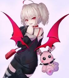Rule 34 | 1girl, absurdres, ahoge, bag, black shorts, blonde hair, collar, demon wings, dyed ahoge, fang, fujimaki nora, hair between eyes, head tilt, highres, leg up, long sleeves, looking at viewer, makaino ririmu, makaino ririmu (2nd costume), multicolored hair, nijisanji, open mouth, pink background, pointy ears, red collar, red eyes, red hair, red wings, shorts, sidelocks, simple background, solo, striped clothes, striped thighhighs, stuffed animal, stuffed rabbit, stuffed toy, thighhighs, two side up, virtual youtuber, wings