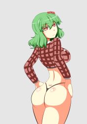 Rule 34 | 1girl, ass, back, breasts, cleavage, flower, green hair, hair flower, hair ornament, kazami yuuka, kikimaru, large breasts, legs, nishio (higan53), no pants, race queen, red eyes, short hair, simple background, solo, standing, thong, touhou, white background, wide hips